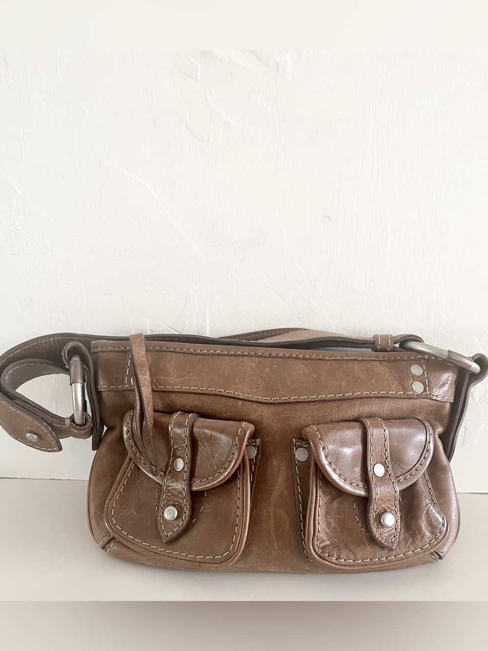 Ruehl No.925 Dark Tan Leather Two-Front-Pocket Shoulder Bag RARE!